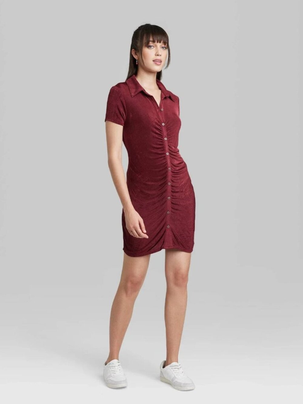 Wild Fable Berry Red Bodycon Dress Medium Ruched Button Front Stretch - Picture 2 of 7